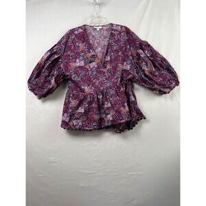 Kika Vargas Target Wrap Top Womens 1X Purple Floral Puff Sleeve Cottage Peplum